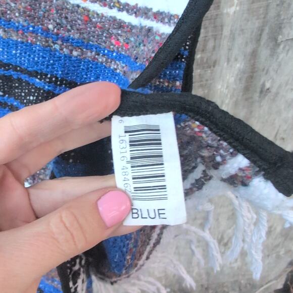 Mexican Baja Poncho Blue / White Adult One Size Hippie Festival Indie Earthy - Picture 5 of 7